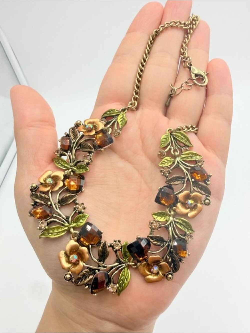 Vintage Floral Rhinestone Statement Necklace Bronze Green Amber Tones
